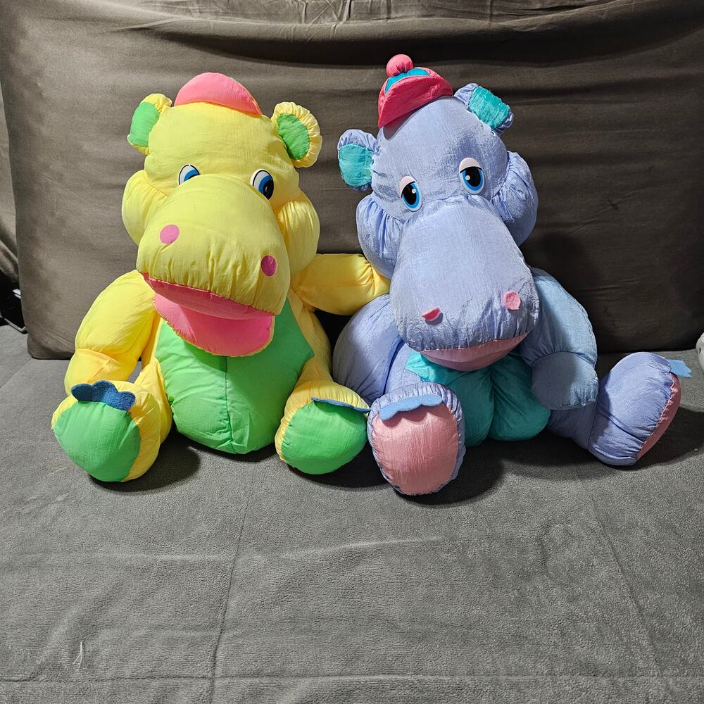 2 Vintage Puffalump 90s Hippo Plush Nylon Purple Blue Yellow Dan Dee TB Trading
